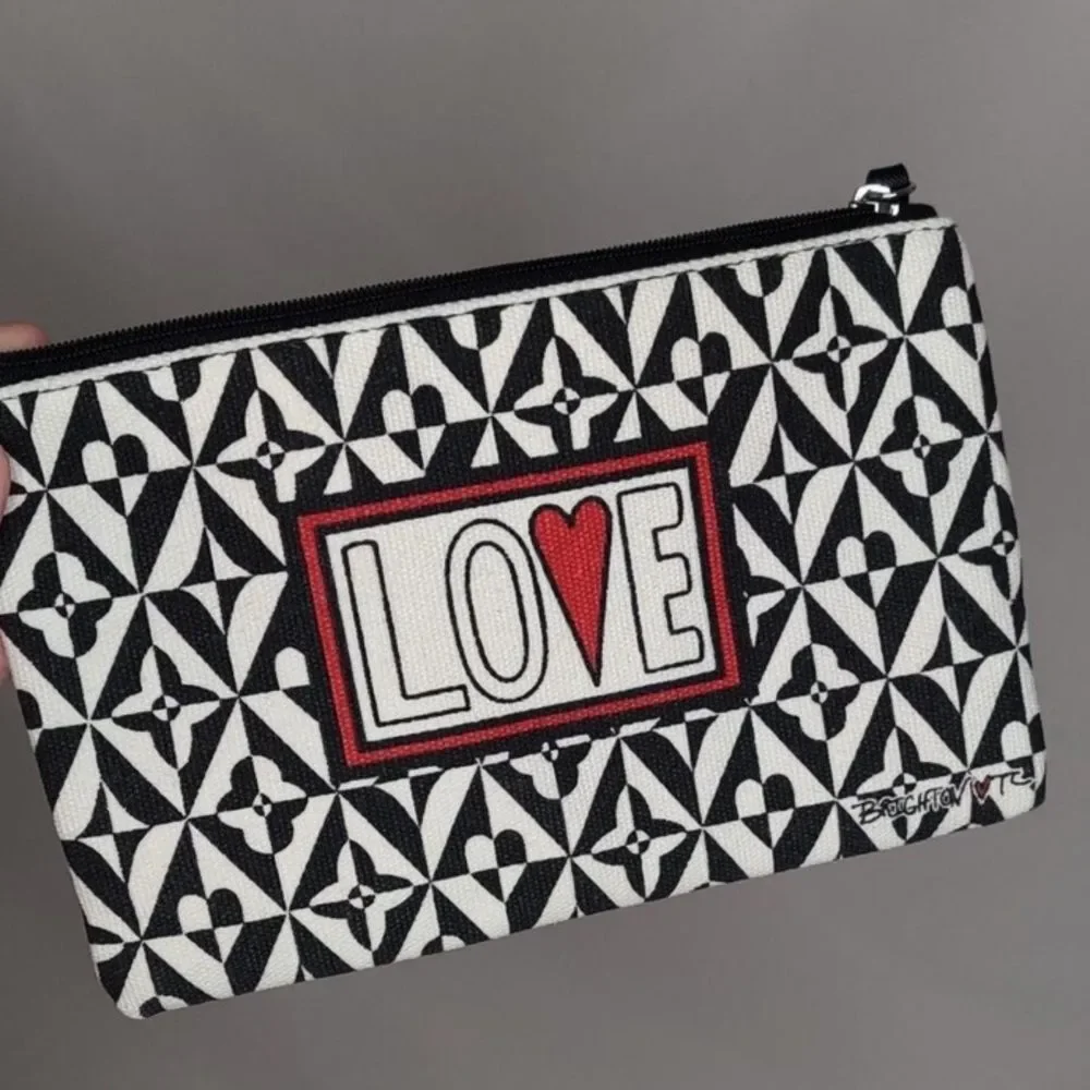 Brighton LOVE Black And White Canvas Makeup Up Bag Clutch Valentine's Day NWOT